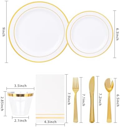 GATHER 700PCS White and Gold Plastic Plates Dinnerware Set for 100 Guests - Image 2