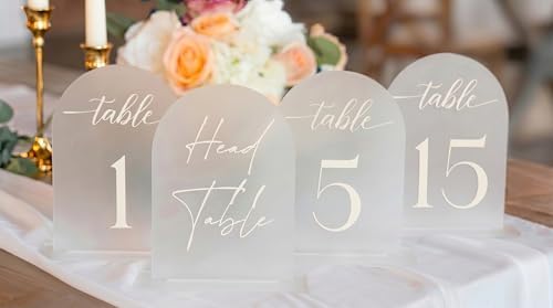 Frosted Arch Acrylic Table Numbers for Wedding Reception - 5" x 7" White Font Centerpiece Set with Holder Stands & Head Table Sign - Anniversary, Event, Party, Wedding set 1-15 by SublimeSoir%C3%A9e