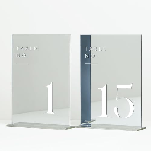 Sliver Wedding Table Numbers 1-15 with Stands, 5"x7" Sliver Mirror Acrylic Table Numbers for Wedding Reception (Sliver Mirror White Font, Number 1-15, 5"x7") by JINMURY