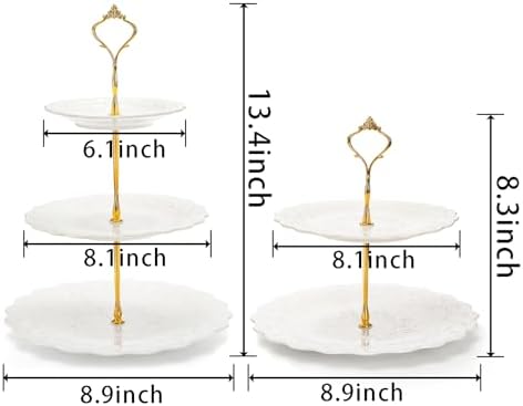SOUJOY Set of 2 Porcelain Tiered Cupcake Stand, White Embossed Dessert Stand with Gold Rod, 3 Tiers and 2 Tiers Serving Trays for Tea Party Wedding Baby Shower Home Birthday - Image 2