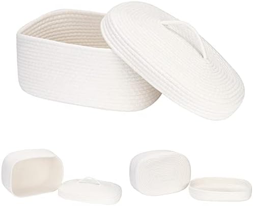 Sea Team Oval Storage Basket, Woven Cotton Rope Basket with Lid, White - Image 5