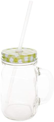 Sunshine Mason Co. Glass Mason Jar Drinking Mug set with handle, Yellow Gingham lids and Clear Straws, Set of 6 - Image 2