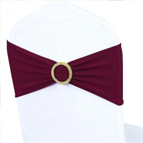 Burgundy Chair Sashes 50 Pack with Gold Buckle Slider, Spandex Wine Red Chair Bands Bows for Folding Chairs Wedding Party Banquet Décor by MAGTOWNE