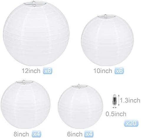 LIHAO 20PCS White Paper Lanterns with Lights, Round Hanging - Image 2
