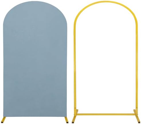 Metal Arch Stand and Cover Set,1 Dusty Blue Spandex Fitted Backdrop with 1 Gold Wedding Arched Stand Frame for Parties Birthday Baby Shower Bridal Banquet Decoration (7.2FT) by HAISIWLKJ