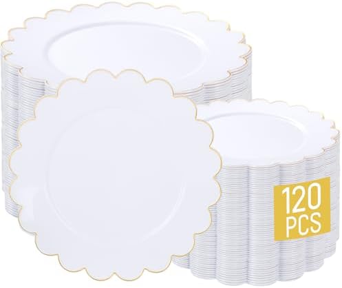 LIYH 120 Pcs White Scalloped Plastic Plates, Gold Disposable Party Plates by LIYHLoveinyourheart