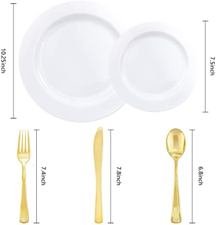 U-QE 150PCS White Plastic Plates with Gold Cutlery - Include 60 Dinner and Dessert Plates, 30 Forks, 30 Knives, 30 Spoons, Ideal for Wedding and Party - Image 6