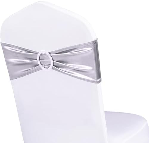 Pack of 100 Metallic Silver Chair Sashes Bows, Chair Bands Silver Buckle by WENSINL