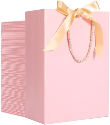 EUSOAR Pink Gift Bags with Ribbon Bow, 50pcs 7.8"x3.9"x11" Thank You Gift Bags with Handles, Gift Retail Wrapping Treat Bags Bulk for Wedding Baby Shower Birthday Bridesmaid Business Holiday Party by EUSOAR