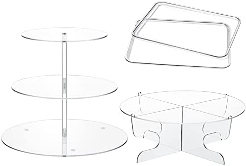 Sawysine 4 PC Acrylic Cake Stand Set Include 3 Tier Round Cake Stand 1 Tier Dessert Stands Holder 2 Serving Platter for Home Tea Wedding Birthday Baby Shower Party Supplies(Clear) by Sawysine