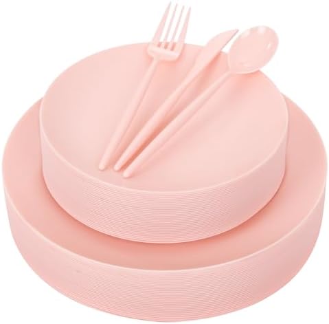 EjonirInjonir 150pcs Heavy Duty Pink Plastic Plates for Wedding Matte Set by Ejonirinjonir