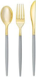Luxe Party 128 Pieces Two Tone Plastic Disposable Cutlery | Forks-Spoons-Knives | Full Size | Chic Round | Grey and Gold by LuxeParty