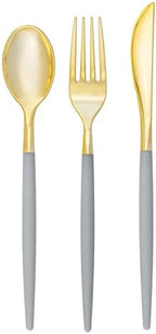 Luxe Party 128 Pieces Two Tone Plastic Disposable Cutlery | Forks-Spoons-Knives | Full Size | Chic Round | Grey and Gold by LuxeParty