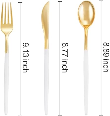 I00000 300 Pcs Gold Plastic Silverware Set, Gold Utensils with White Handle - Image 2