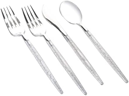 Luxe Party 128 Pieces Two Tone Plastic Disposable Cutlery | Forks-Spoons-Knives | Full Size | Chic Round | Glitter and Silver - Image 2