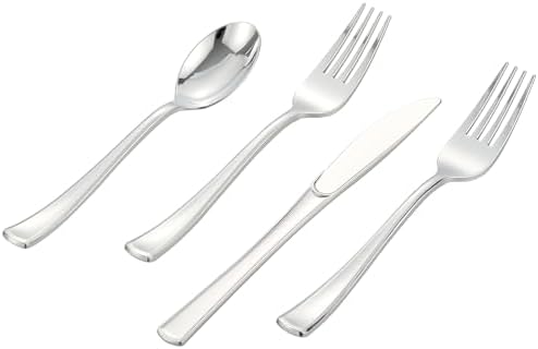 400 PCS Silver Plastic Silverware Set,Disposable Cutlery Set Heavy Duty Flatware for Party,Weddings-200 Silver Forks,100 Knives,100 Spoons by ISFANGCO