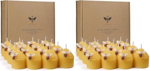 DEYBBY Natural Beeswax Candles Bulk Set of 16, Small Bees Wax Votive Candles with Little Bee Decorations as Housewarming Birthday Event Gift Party Favor (Yellow) (Pack of 2) by DEYBBY
