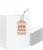 qiqee 200-Packs White Paper Gift Bags with Handles Bulk 8.3"x6"x3.15" Small Size Paper Bags Multiple Uses by Qiqee