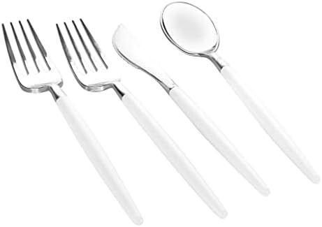 Luxe Party 128 Pieces Two Tone Plastic Disposable Cutlery | Forks-Spoons-Knives | Full Size | Chic Round | White and Silver - Image 4