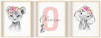 Personalized Safari Nursery Wall Art Set – Custom Name Jungle Animal Prints – Baby Girl Room Decor Pictures Pink Floral Accents – Unframed – Baby Shower Poster for Girls (Personalized Set of 3, 11x14) by PrintsMadePerfect