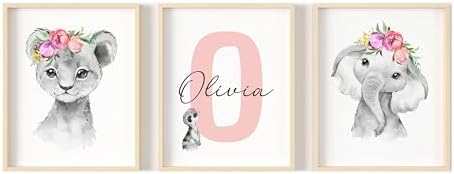 Personalized Safari Nursery Wall Art Set – Custom Name Jungle Animal Prints – Baby Girl Room Decor Pictures Pink Floral Accents – Unframed – Baby Shower Poster for Girls (Personalized Set of 3, 11x14) by PrintsMadePerfect