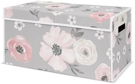 Sweet Jojo Designs Grey Watercolor Floral Girl Small Fabric Toy Bin Storage Box Chest For Baby Nursery or Kids Room - Blush Pink Gray and White Shabby Chic Rose Flower Farmhouse by SweetJojoDesigns