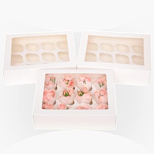 qiqee Auto-pop Up Cupcake Boxes with Window White 40PCS 12 Count Cupcake Box 13"x10"x3.5" Cupcakes Carrier, 12 Cupcake Containers with 2 rolls of pink ribbons - Image 2