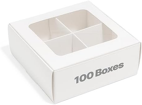 100 pcs White Mini Cookie Boxes for 4 treats with Window and Dividers, Bakery Boxes, 6 x 6 x 2.4 Inches SMALL Baking Boxes, Square Cookies Box Decorating Supplies for Gift Giving by ModsyBaking