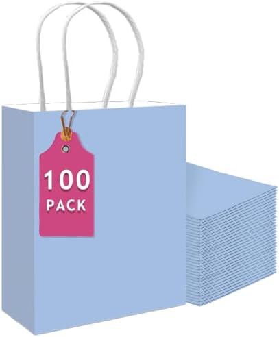 qiqee 100PCS Gift Bag with Handles Bulk Light Blue Paper Bags Multiple Uses (13''x5 x10 inch Large Size) by Qiqee