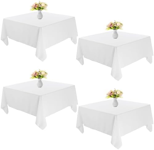 4 Pack Square Table Cloth 85x85 Inch White Tablecloth Machine Washable Fabric Polyester Table Cover for Dining, Buffet Parties, Picnic, Events, Weddings and Restaurants（White） by JALANCY