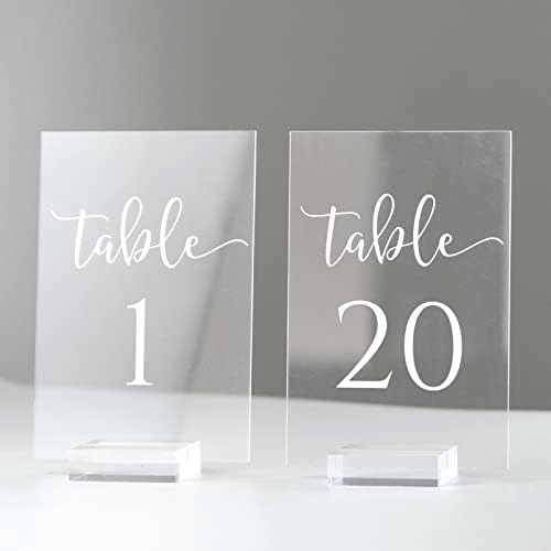 Clear Acrylic Wedding Table Numbers 1-20 with Stand- 20 Pack 4x6 Inch Acrylic Clear Table Number Signs Printed Calligraphy Font for Wedding, Event& Party by JINMURY