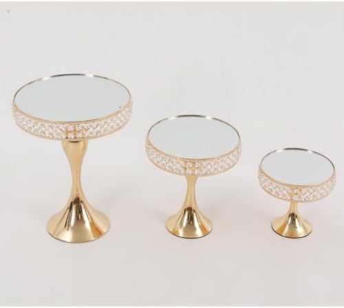 3pcs Round Mirror Cake Stands, Metal Cupcake Display Stand with Crystals, Dessert Pedestal Cupcakes Dessert Cheese Display Plates for Wedding Birthday Party for Baby Shower Home Decor - 15/11/8 Inch Tall (Gold) - Image 5