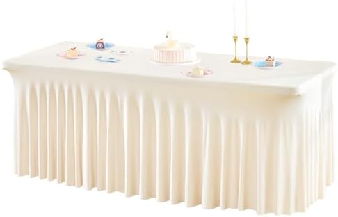 1 Pack Ivory Table Clothes for 4 Foot Rectangle Tables, One-Piece Wrinkle Resistant Stretch Spandex Table Covers with Skirt for Event Banquet Wedding Birthday Party by PartyTalk