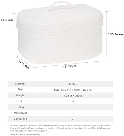Sea Team Oval Storage Basket, Woven Cotton Rope Basket with Lid, White - Image 4