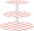 J JOYSAY Chess Checkerboard Flesh Color White Print Acrylic Cupcake Stand 3 Tier Dessert Table Display Set Clear Cake Stands for Baby Shower Wedding Party Decorations Easy Assembly Macaron Tower by J+JOYSAY