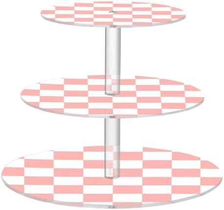 J JOYSAY Chess Checkerboard Flesh Color White Print Acrylic Cupcake Stand 3 Tier Dessert Table Display Set Clear Cake Stands for Baby Shower Wedding Party Decorations Easy Assembly Macaron Tower by J+JOYSAY