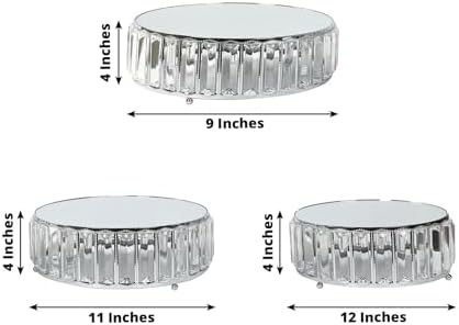 3 Silver Round Stackable Metal Cake Stands with Crystal Pendant and Mirror Top Wedding Birthday Party Display Dessert Riser Pedestal Centerpieces - Image 2