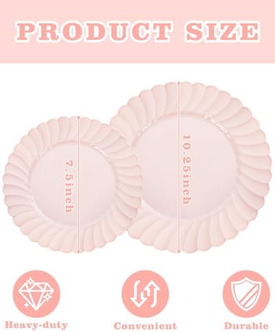 YOUBET 100PCS Pink Scalloped Plastic Plates for Wedding Party - Image 2