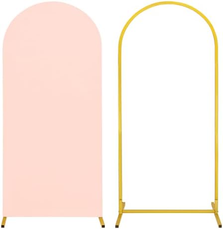 Metal Arch Stand and Cover Set,1 Light Pink Spandex Fitted Backdrop with 1 Gold Wedding Arched Stand Frame for Parties Birthday Baby Shower Bridal Banquet Decoration (6FT) by HAISIWLKJ