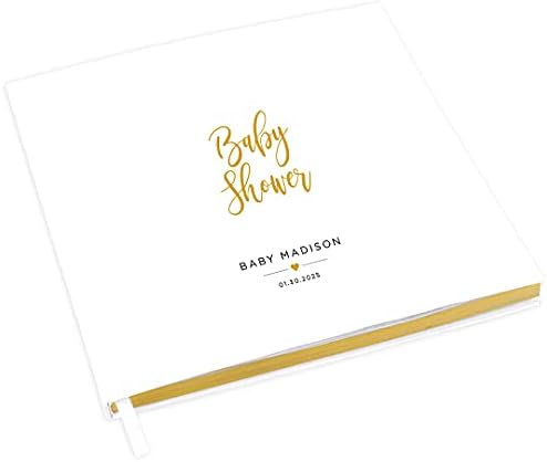 Andaz Press Personalized Baby Shower Guestbook with Gold Accents, Gold Heart Custom Name, Date, White Guest Sign in Registry 120 Pages 8.5 X 8.5 Memories Book for DIY, Scrapbook, Photo Album by AndazPress