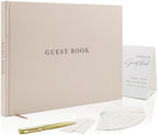Real Linen Guest Book Set - 11.5 x 8.5 Embossed Guestbook for Weddings, Showers, Events, Blank & Lined, Comes with Sign, Pen, Box and Photo Sleeves, 120 Pages (Oatmeal) by ModernAlbumDesigns
