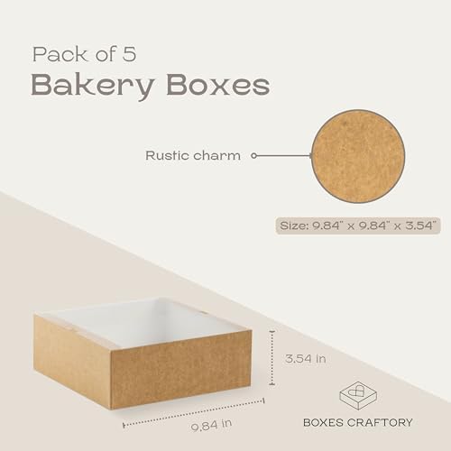 Pack of 5 Bakery Boxes with Window (9.84" x 9.84" x 3.54") - Ideal for Cake, Pies, Donut and Muffins - Natural Brown - Image 2