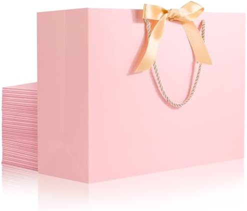 EUSOAR Pink Gift Bags, 20pcs 16"x6"x12" Thank You Gift Paper Bags with Bow Ribbon Handle, Large Shopping Party Favor Gift Treat Candy Bags Bulk for Wedding Baby Shower Guests Bridal by EUSOAR