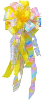 Baby Shower Wreath Bow Tree Topper, Yellow & Pastel Wired Ribbon Gender Neutral Decoration for Front Door, Nursery Swag, Gender Reveal Garland, Party Supplies, Handcrafted Whimsical Home Decor by Handmade