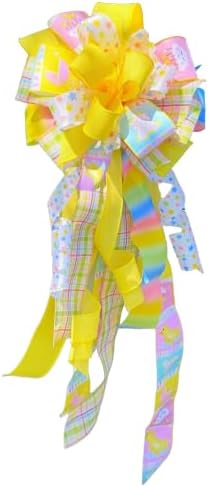 Baby Shower Wreath Bow Tree Topper, Yellow & Pastel Wired Ribbon Gender Neutral Decoration for Front Door, Nursery Swag, Gender Reveal Garland, Party Supplies, Handcrafted Whimsical Home Decor by Handmade