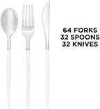Luxe Party 128 Pieces Two Tone Plastic Disposable Cutlery | Forks-Spoons-Knives | Full Size | Chic Round | White and Silver - Image 3