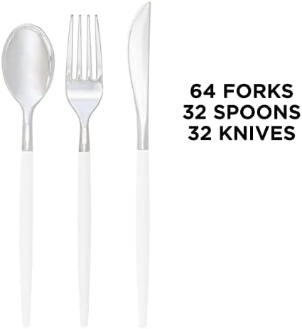 Luxe Party 128 Pieces Two Tone Plastic Disposable Cutlery | Forks-Spoons-Knives | Full Size | Chic Round | White and Silver - Image 3
