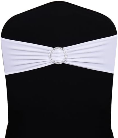 Spandex White Chair Sashes 100 Pack Wedding Chair Bows Bands Silver Buckles - Image 2