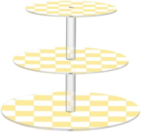 J JOYSAY Chess Checkerboard White Light Yellow Pattern Acrylic Cupcake Stand 3 Tier Dessert Table Display Set Clear Cake Stands for Baby Shower Wedding Party Decorations Easy Assembly Pastry Tower by J+JOYSAY