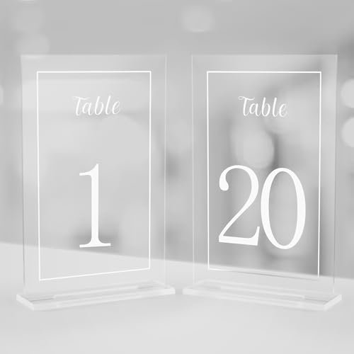 Acrylic Table Numbers 1-20 with Stand, Printed White Font on 4x6 inch Acrylic, Clear Table Number Signs and Holders, Centerpiece for Events, Weddings, Reception, Party, Anniversary, and Decoration by Unknown